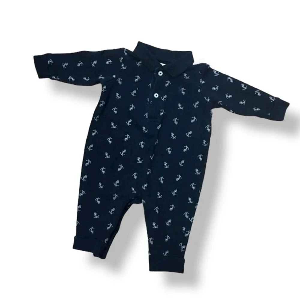 Ralph‎ Lauren Boys Romper Size 6 Months Black Pique Long Sleeve Polo Anchors Tan